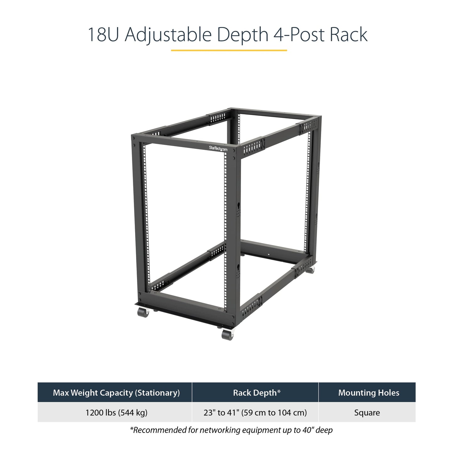 StarTech 42U 4-Post Server Rack, 19in Open Frame Rack with 40in (101cm) Mounting Depth and 1323lb (600kg) Weight Capacity, Mobile or Floor Mount IT Rack