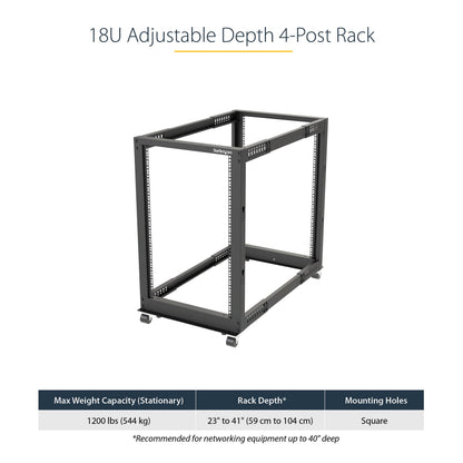 StarTech 42U 4-Post Server Rack, 19in Open Frame Rack with 40in (101cm) Mounting Depth and 1323lb (600kg) Weight Capacity, Mobile or Floor Mount IT Rack
