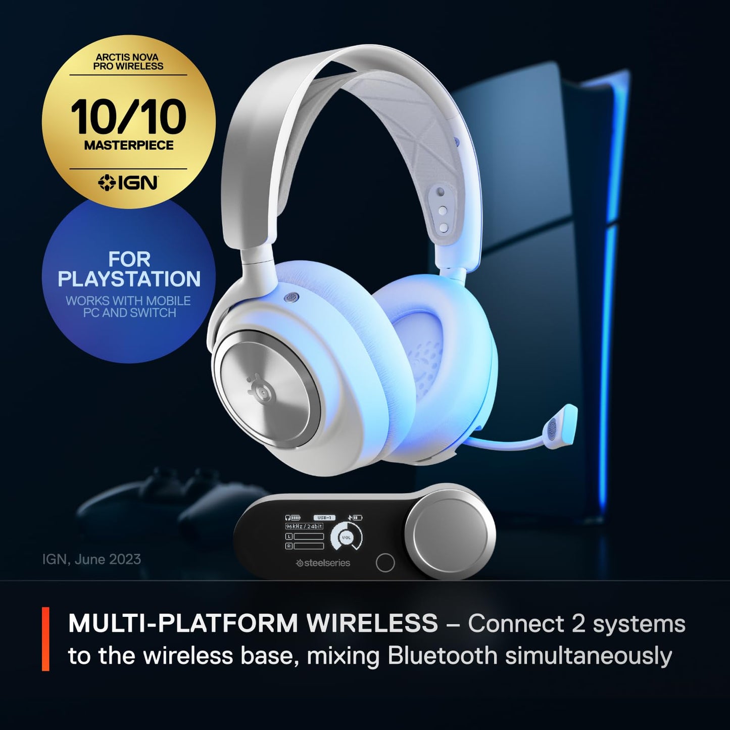 SteelSeries Arctis Nova Pro Wireless Multi-System Gaming Headset - Premium Hi-Fi Drivers - Active Noise Cancellation - Infinity Power System - ClearCast Gen 2 Mic - PC, PS5, PS4, Switch, Mobile