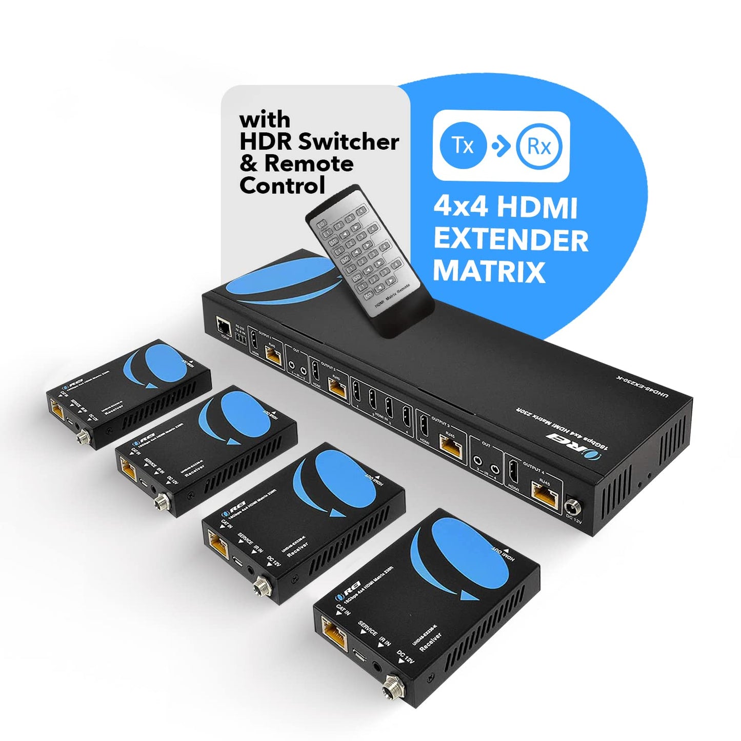 OREI 4K 4x4 HDMI Extender Matrix - UltraHD 4K @ 60Hz 4:4:4 Over Single CAT5e/6/7 Cable with HDR Switcher & IR Control, RS-232 - Up to 230 Ft - 1080P Downscale - 4 x Loop Out - 4 Receivers Included