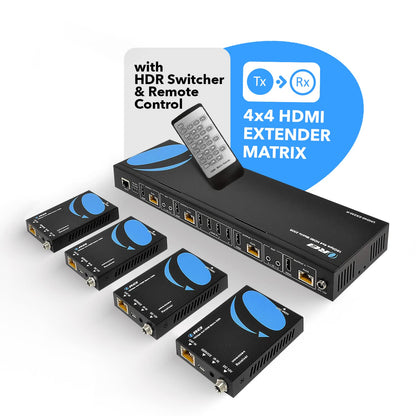 OREI 4K 4x4 HDMI Extender Matrix - UltraHD 4K @ 60Hz 4:4:4 Over Single CAT5e/6/7 Cable with HDR Switcher & IR Control, RS-232 - Up to 230 Ft - 1080P Downscale - 4 x Loop Out - 4 Receivers Included