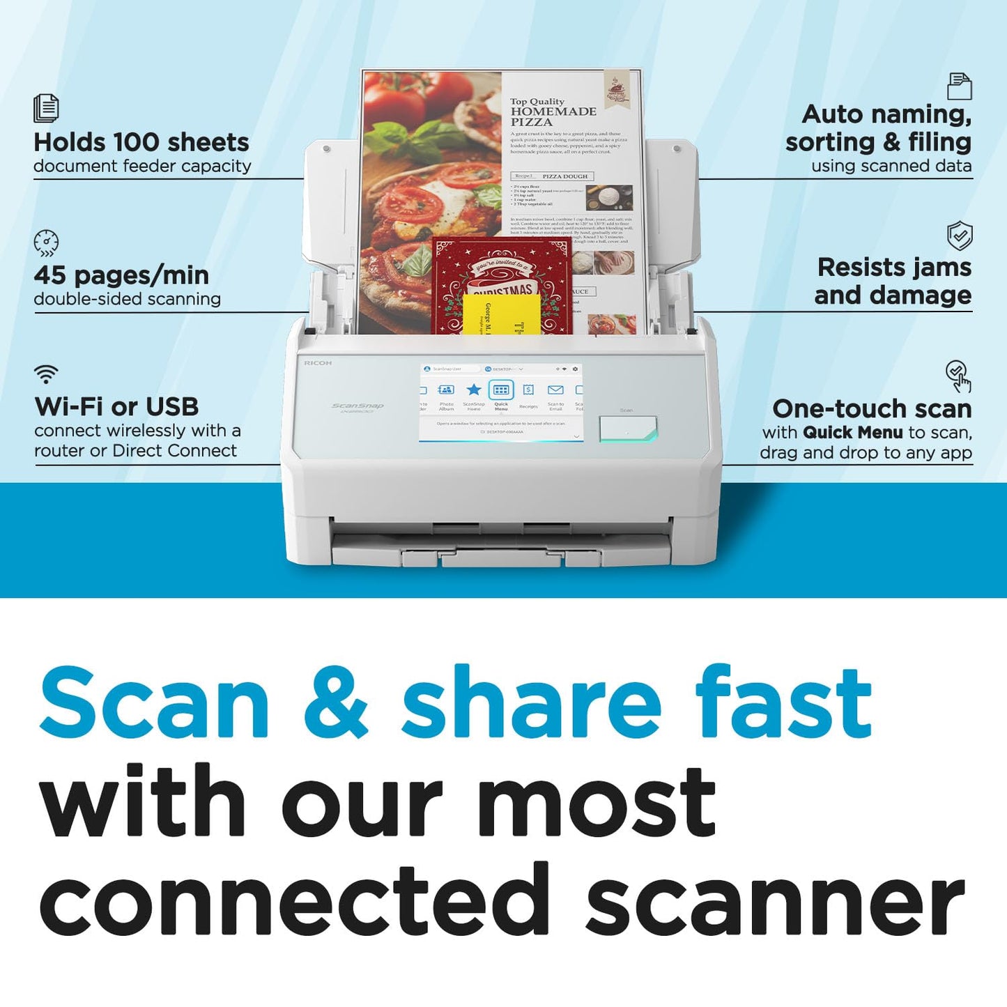 ScanSnap iX1600 Wireless or USB High-Speed Cloud Enabled Document, Photo & Receipt Scanner with Large Touchscreen and Auto Document Feeder for Mac or PC, 17 watts, Black