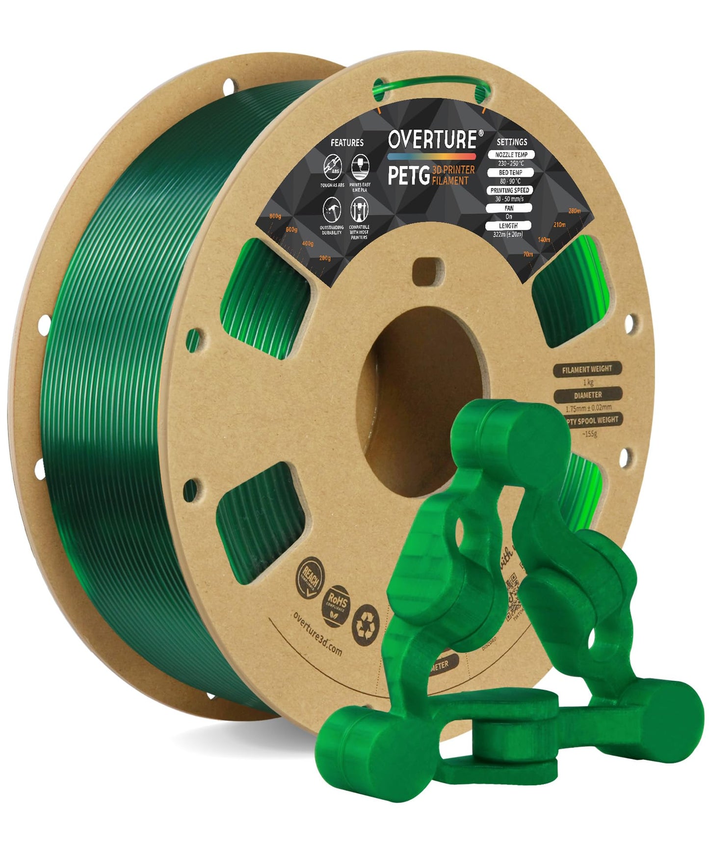 OVERTURE PETG 3D Printer Filament 1.75mm, Neatly Wound Durable PETG 1kg Spool (2.2lbs), Strong Toughness Filament, Dimensional Accuracy +/- 0.02mm, Fit Most FDM Printers (Black (1-Pack))