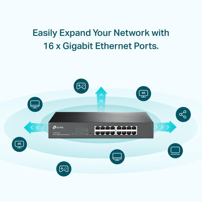 TP-Link 16 Port Gigabit Switch Easy Smart Managed Plug & Play Desktop/Rackmount Sturdy Metal w/ Shielded Ports Support QoS, Vlan, IGMP & Link Aggregation (TL-SG1016DE),Black