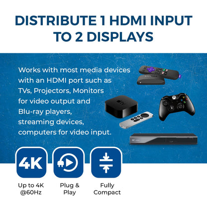 OREI UltraHD 4K @ 60 Hz 1 x 2 HDMI Splitter 1 in 2 Out (2 Port) 4:4:4 8-bit - Does Not Bypass HDCP, 18 Gbps, 4K HDMI Splitter