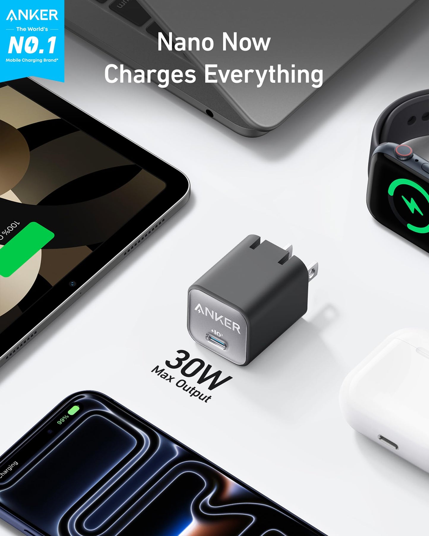 Anker Nano Charger, USB C GaN Charger 30W, PIQ 3.0 Foldable PPS Fast Charger for iPhone 17 / 16 and more series, Galaxy, iPad, Compatible with MagSafe
