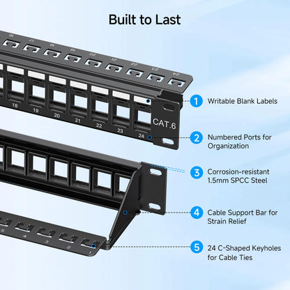 Cable Matters Rackmount or Wall Mount 1U 24 Port Keystone Patch Panel with Cable Management and Support Bar, 19-inch Blank Patch Panel for Keystone Jacks