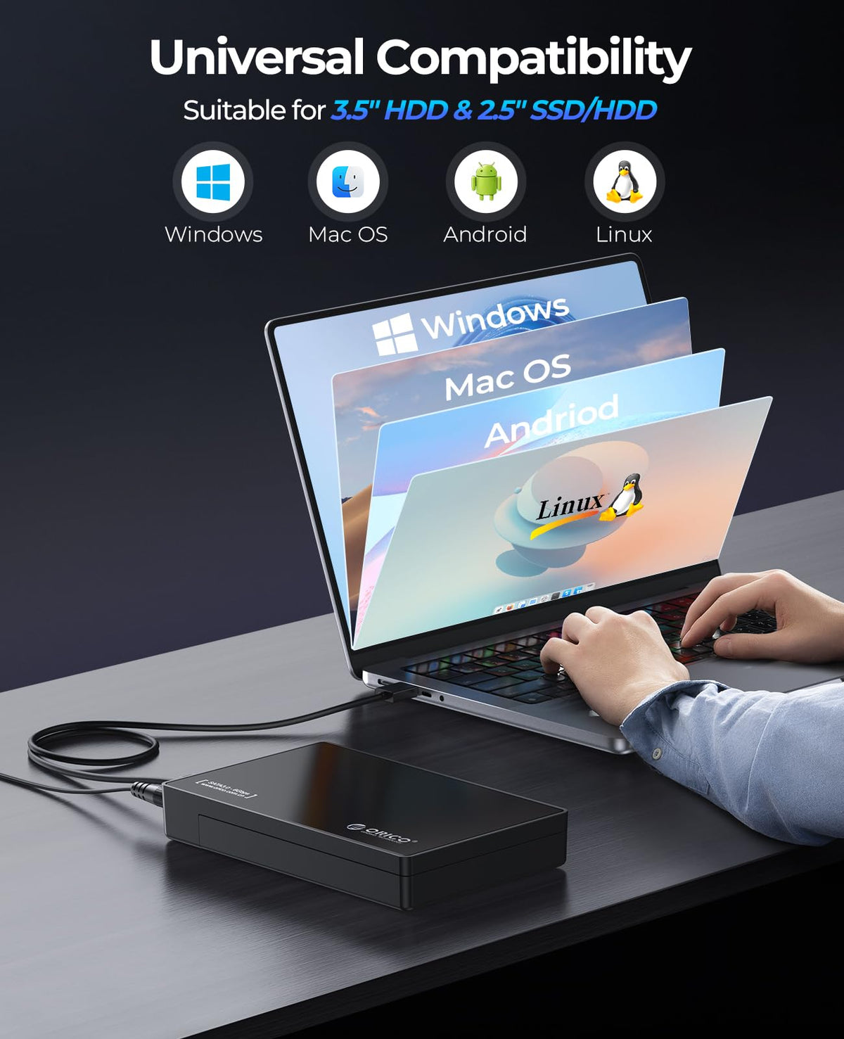 ORICO USB 3.0 External Hard Drive Enclosure for 3.5/2.5 Inch SATA Hard Drives/SSD Up to 20 TB, 3.5'' Tool-Free HDD Enclosure with 12V/2A Power Supply and UASP Acceleration (3588US3)