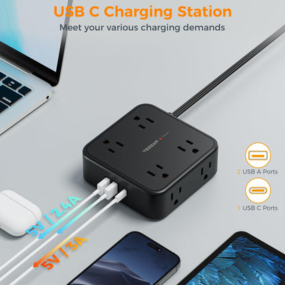 TESSAN Surge Protector Power Strip, 5 Ft Flat Plug Extension Cord with 3 USB (1 USB C) 8 Outlets, 1250W, 900J Protection, 3 Sided Outlet Extender with Power Switch for Office, Dorm Room, Grey