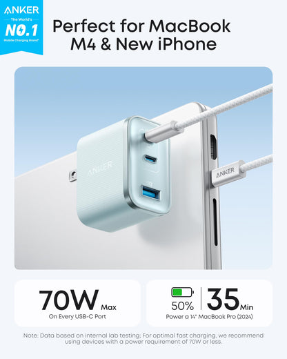Anker Nano Charger, Ultra-Fast 70W Output 3-Port USB C Charger Block, Fast Charging, Compact and Stylish, for iPhone 17/16 Series, MacBook, iPad, Pixel, Galaxy, and More(Black, Cable Included)