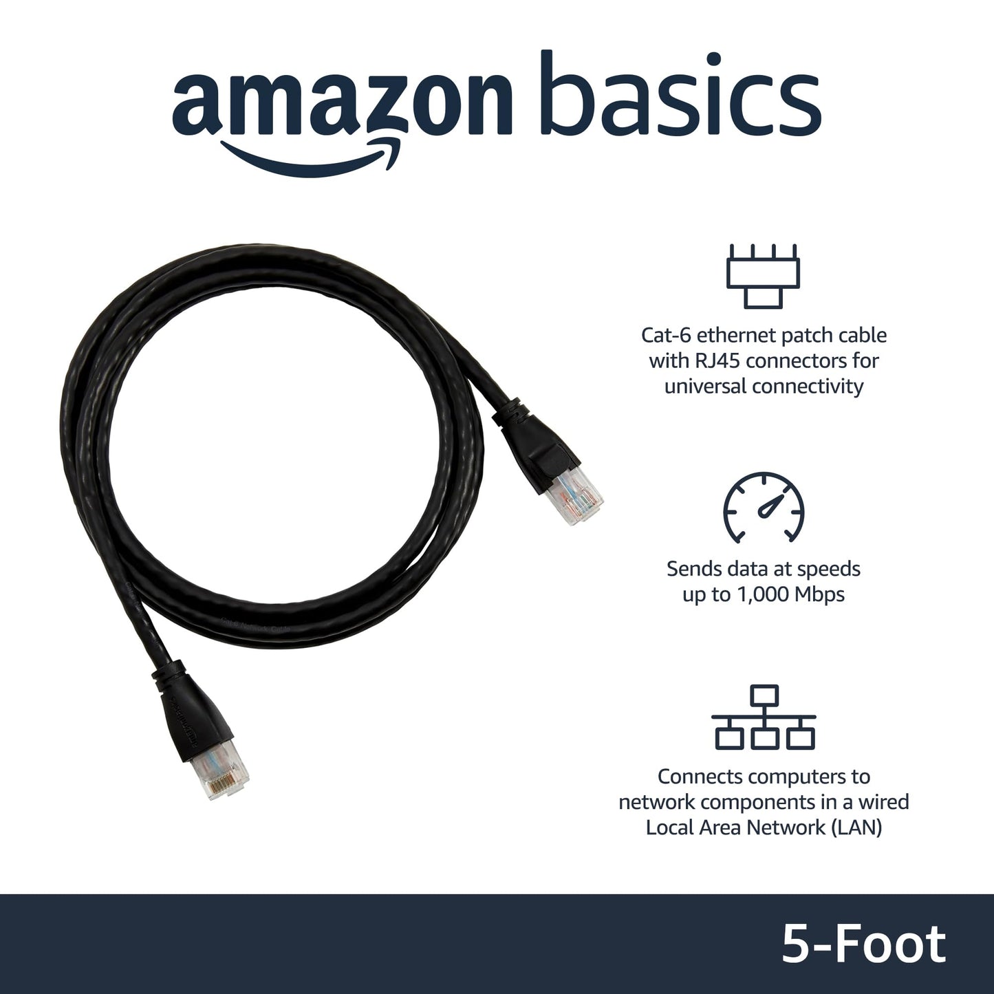 Amazon Basics RJ45 Cat-6 Ethernet Patch Internet Cable, 1Gbps Transfer Speed, Gold-Plated Connectors, Universal Connectivity for PC, TV, Tablet, Router, Printer, 5 Foot, Black