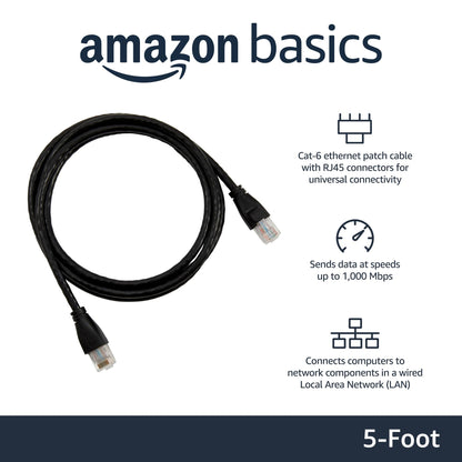 Amazon Basics RJ45 Cat-6 Ethernet Patch Internet Cable, 1Gbps Transfer Speed, Gold-Plated Connectors, Universal Connectivity for PC, TV, Tablet, Router, Printer, 5 Foot, Black