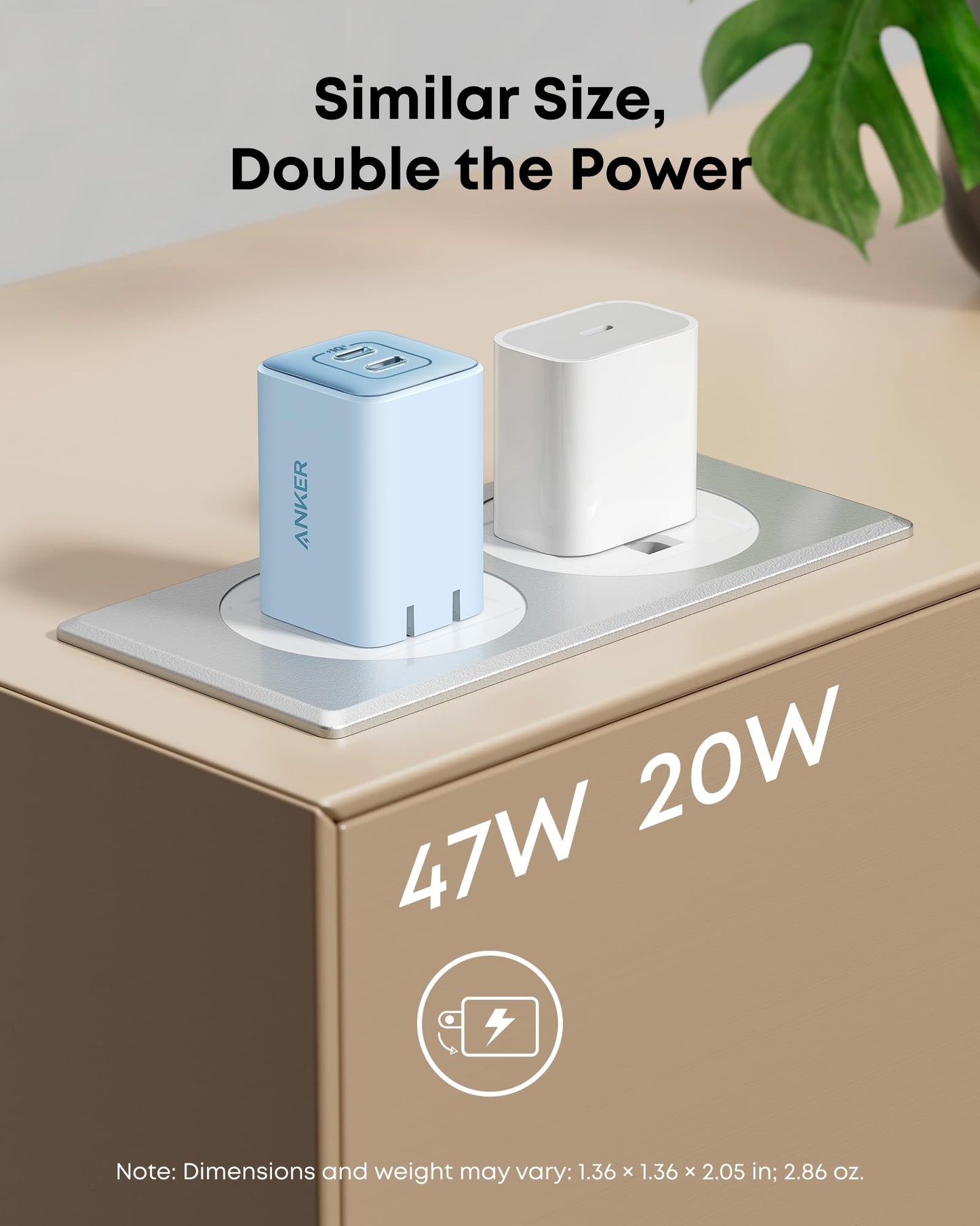 Anker Nano Charger, 47W 2 Port Compact Foldable GaN USB C Charger for iPhone 17/16, Galaxy, Pixel, Compatible with MagSafe (Blue)