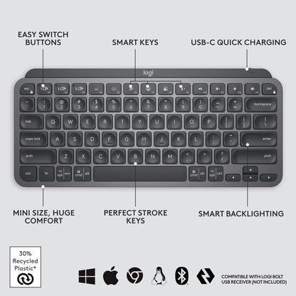 Logitech MX Keys Mini Minimalist Wireless Illuminated Keyboard, Compact, Bluetooth, Backlit, USB-C, Compatible with Apple macOS, iOS, Windows, Linux, Android, Metal Build - Graphite
