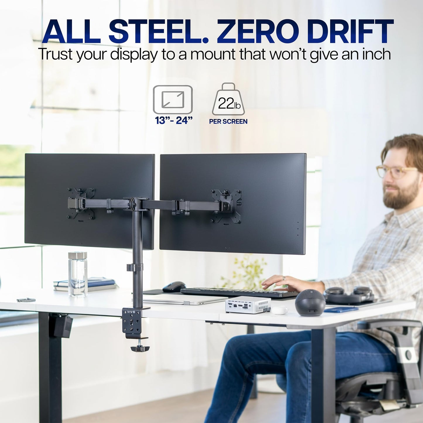 VIVO Dual Monitor Desk Mount, Holds 2 Computer Screens up to 30 inches and 22lbs Each, Heavy Duty Fully Adjustable Steel Stand with C-Clamp and Grommet, Black, STAND-V002