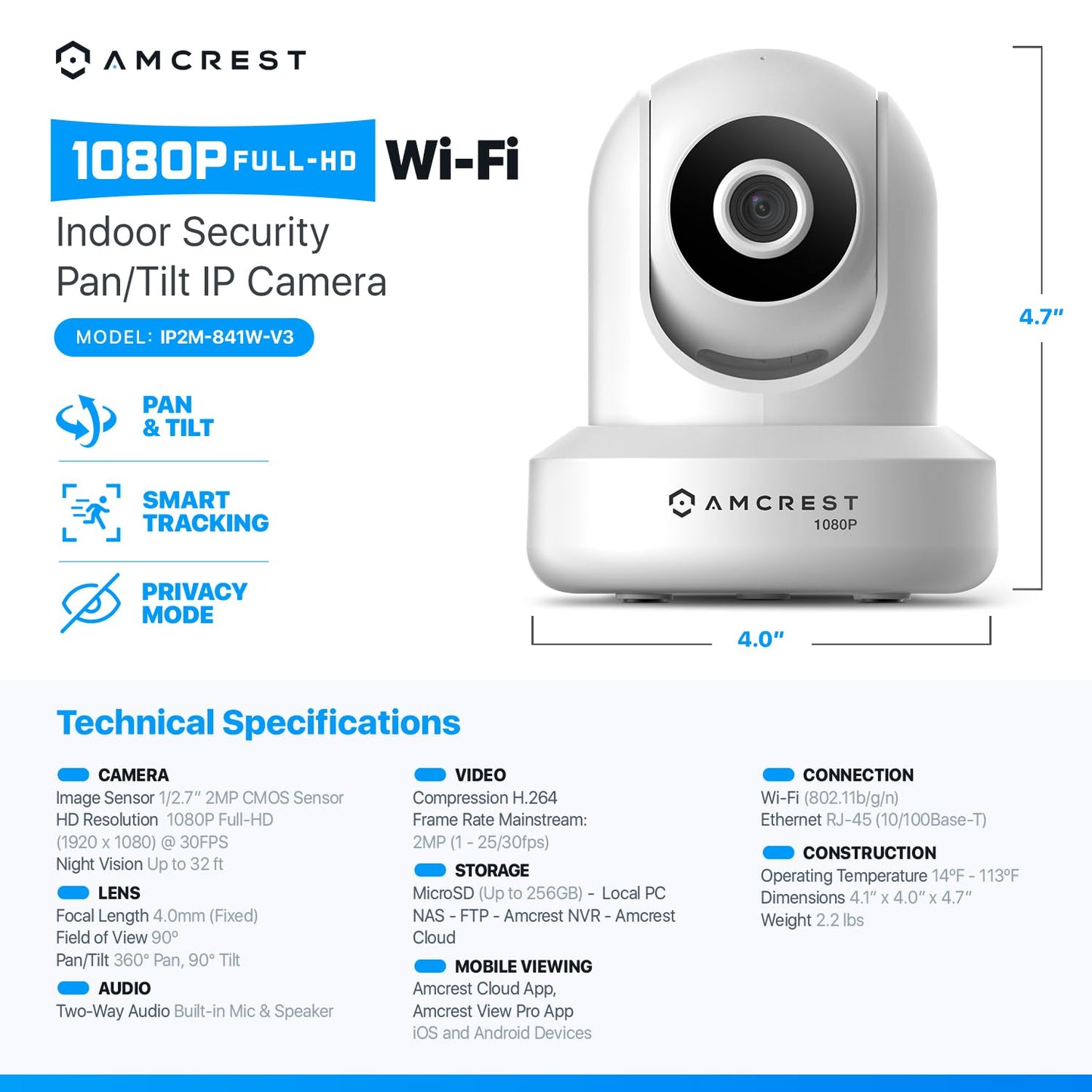 Amcrest ProHD 1080P WiFi 2MP (1920TVL) Indoor Pan/Tilt Security Wireless IP Camera IP2M-841B (Black)