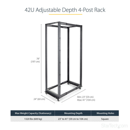 StarTech 42U 4-Post Server Rack, 19in Open Frame Rack with 40in (101cm) Mounting Depth and 1323lb (600kg) Weight Capacity, Mobile or Floor Mount IT Rack