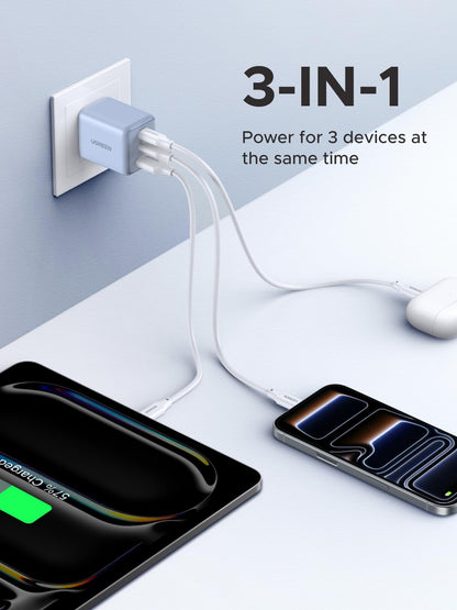 UGREEN 3-Port 30W USB C Charger, GaN II Compact iPhone Charger Fast Charging, Type C Power Adapter for iPhone 17/16/15 Series, Galaxy S26/S25/24, iPad, MacBook Neo/Air, Matt Black