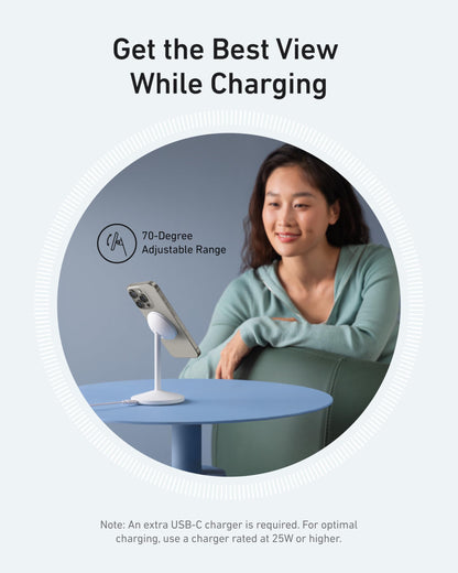 Anker MagGo iPhone 17 MagSafe Charger Compatible Stand, 15W Fast Magnetic Wireless Charging Station, Qi2 Certified 360° Wireless Charger (White, with Cable & Adapter)