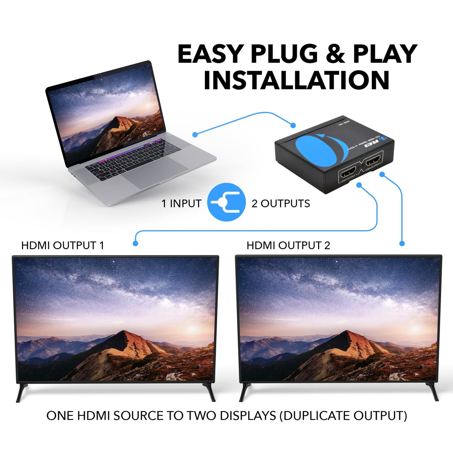OREI HDMI Splitter 1 in 2 out - Ultra HD 4K @ 30Hz, HDCP, 3D & Full HD 1080P Support for Xbox, PS4, Blu-ray, HDTV - Adapter Included