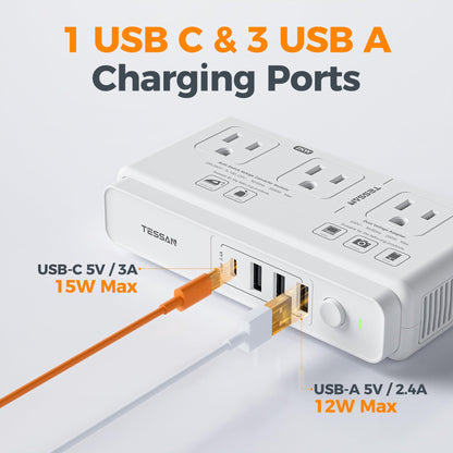 TESSAN Voltage Converter US to Europe, 220 to 110 Voltage Converter, Universal Travel Adapter with 4 USB Ports (1 USB C), 3 AC and EU UK AU IT in ZA Plug Power Adapter, Step Down Transformer, 4 FT