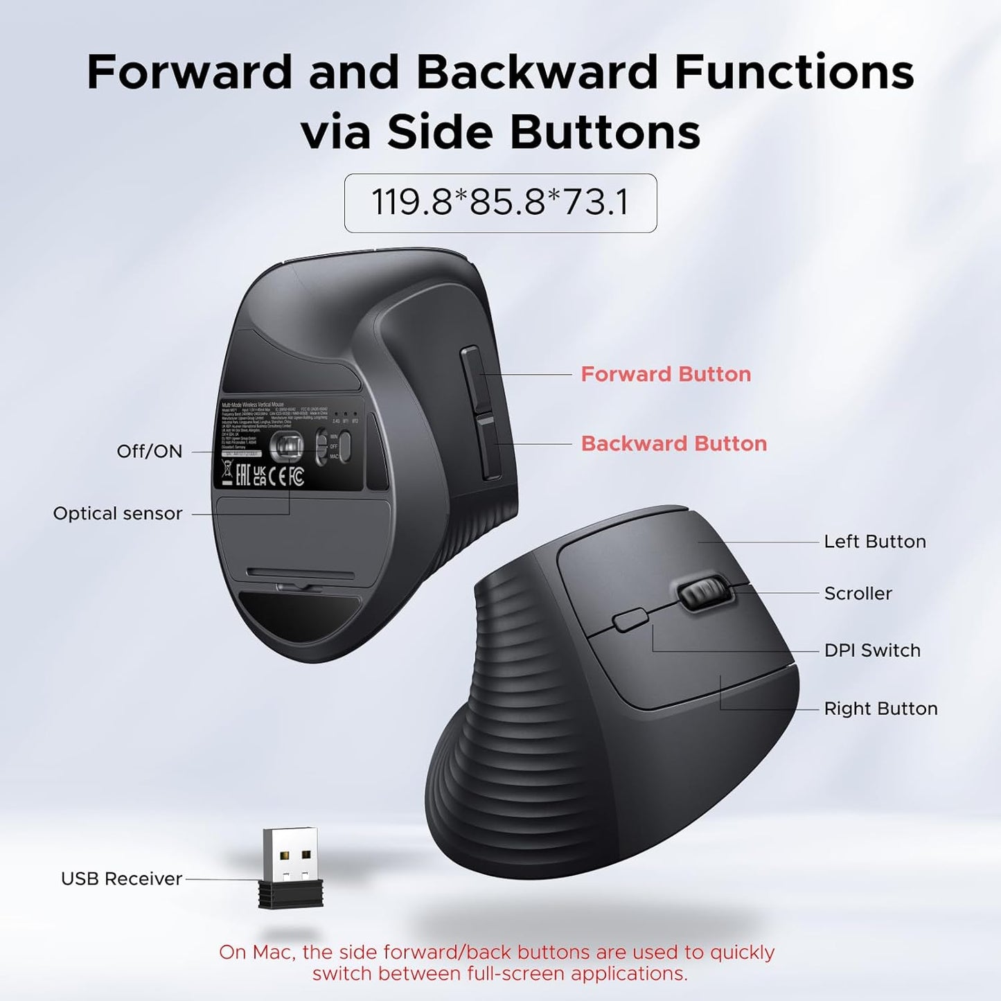 UGREEN Vertical Mouse, Wireless Bluetooth Ergonomic Mouse, Dual-Mode (BT 5.4 & USB 2.4G), Quiet Clicks, 4 Adjustable DPI (1000/1600/2000/4000), Compatible with Windows/Mac/Linux/Android/ChromeOS