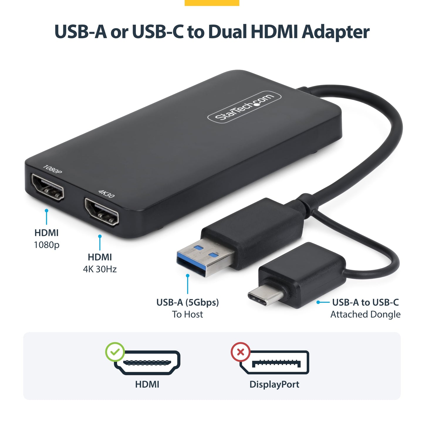 StarTech USB-A 3.0 to Dual HDMI Adapter for Windows, Dual Monitor USB to 2x HDMI Display Converter, 4K 30Hz + 1080p 60Hz, Extend or Mirror Multi-Screen Setup