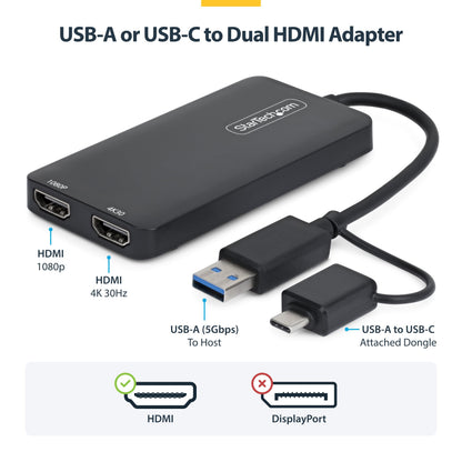 StarTech USB-A 3.0 to Dual HDMI Adapter for Windows, Dual Monitor USB to 2x HDMI Display Converter, 4K 30Hz + 1080p 60Hz, Extend or Mirror Multi-Screen Setup