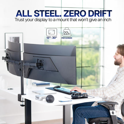 VIVO Dual Monitor Desk Mount, Holds 2 Computer Screens up to 30 inches and 22lbs Each, Heavy Duty Fully Adjustable Steel Stand with C-Clamp and Grommet, Black, STAND-V002
