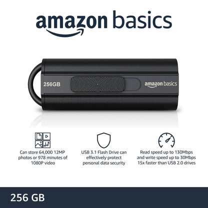 Amazon Basics 128 GB Ultra Fast USB 3.1 Flash Drive, Retractable, High-Speed Data Transfer Storage Device, Black