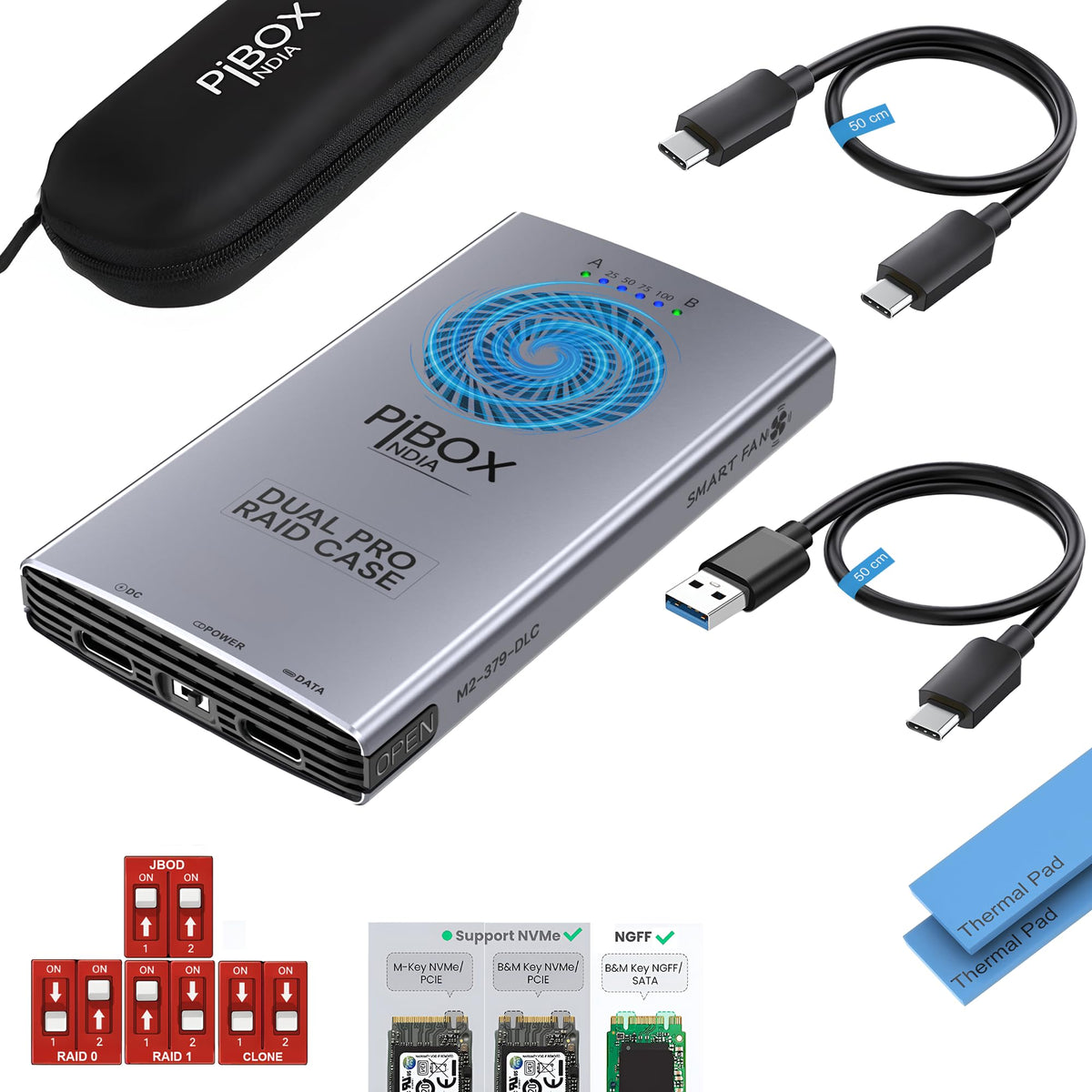 PiBOX India NVMe M2 Enclosure - Dual Protocol USB 3.2 Tool-Free Case, PCI-E Reader, USB-C, M & B+M Keys, 2230/2242/2260/2280 SSDs