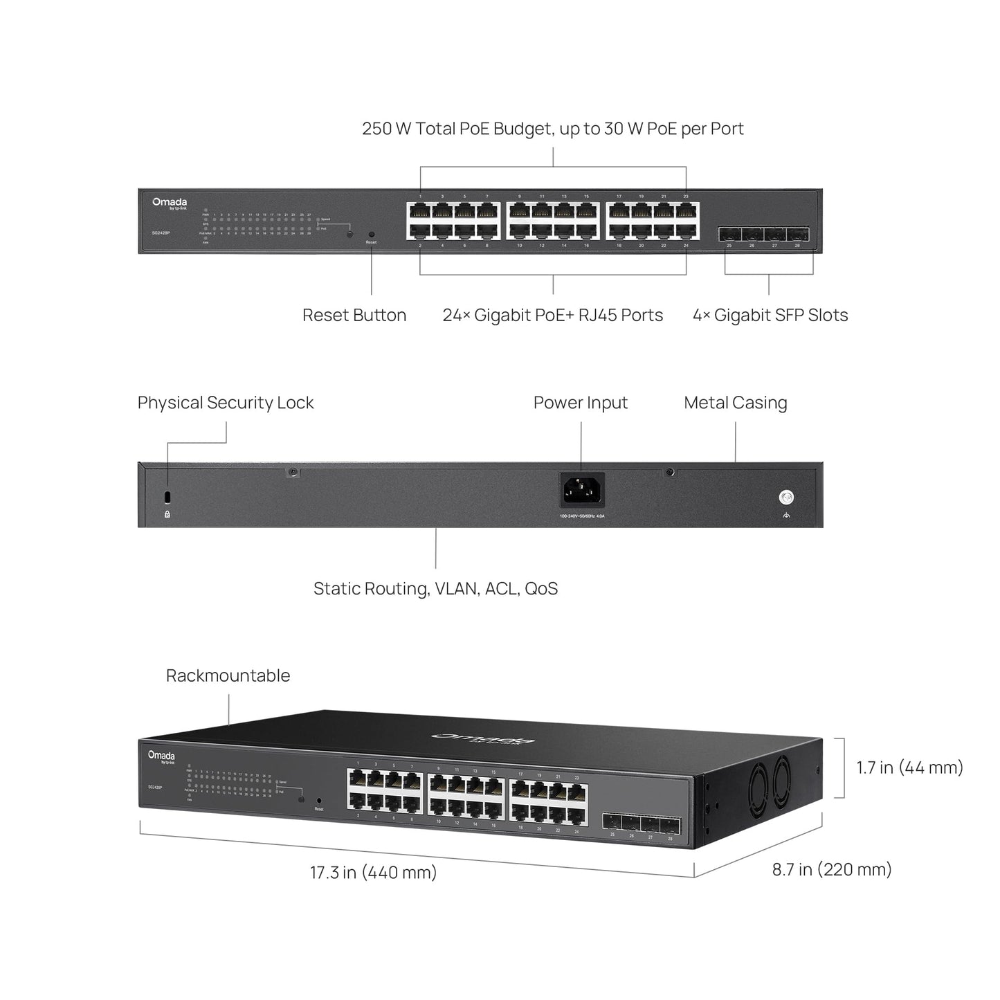 TP-Link Omada SG2428P | Jetstream 24 Port Gigabit Smart Managed PoE Switch | 24 PoE+ Ports @250W, 4 SFP Slots | Omada SDN Integrated | PoE Recovery | IPv6 | Static Routing