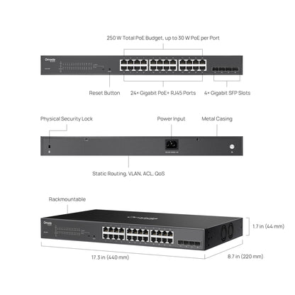 TP-Link Omada SG2428P | Jetstream 24 Port Gigabit Smart Managed PoE Switch | 24 PoE+ Ports @250W, 4 SFP Slots | Omada SDN Integrated | PoE Recovery | IPv6 | Static Routing