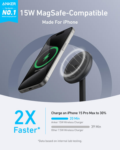 Anker MagGo iPhone 17 MagSafe Charger Compatible Stand, 15W Fast Magnetic Wireless Charging Station, Qi2 Certified 360° Wireless Charger (White, with Cable & Adapter)