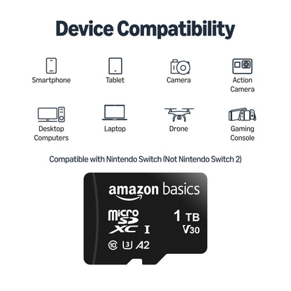 Amazon Basics microSDXC Memory Card with Full Size Adapter, A2, U3, Read Speed up to 100 MB/s, 64GB, Black (2pack)
