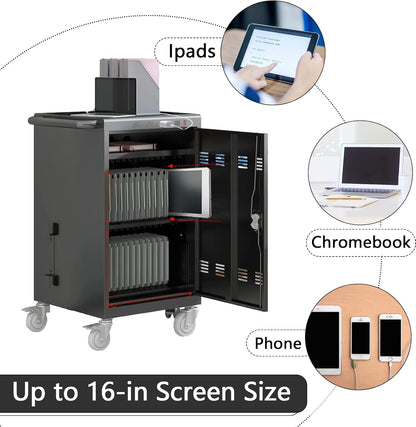 30 Devices Mobile Charging Cart Cabinet, Storage Cart for Chromebook, Tablet, Laptop, Computer Charging Station for Classroom, Up to 16-in Screen Size, Safe Locking (Black)