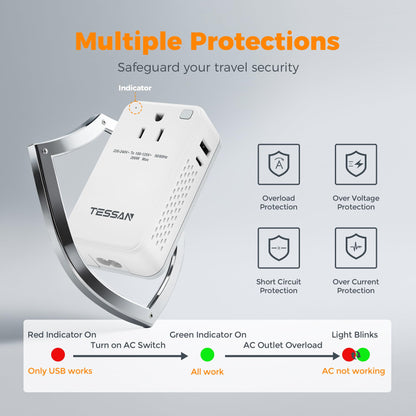 TESSAN 220 to 110 Voltage Converter US to Europe, International Travel Power Adapter with 4 USB Ports(2 USB C), 2 AC and EU/UK/AU Plug Universal Power Converter Adapter Combo, Step Down Transformer