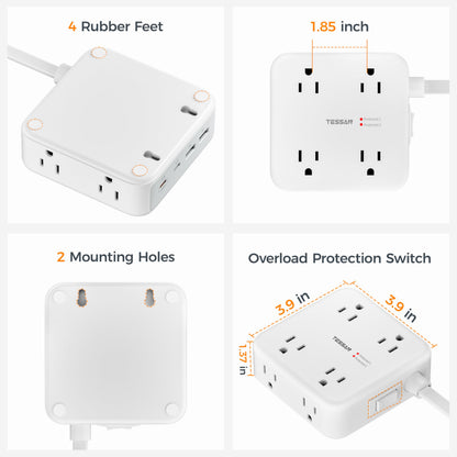 TESSAN Dual Surge Protector Power Strip, 5 Ft Extension Cord Flat Wall Plug with 4 USB (2 USB C) 8 Outlets, 2100J Surge Protection, 20W Multiple Charging Station for Home, Office, College, Dorm, Grey