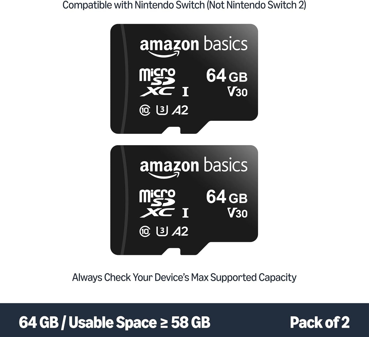 Amazon Basics microSDXC Memory Card with Full Size Adapter, A2, U3, Read Speed up to 100 MB/s, 64GB, Black (2pack)