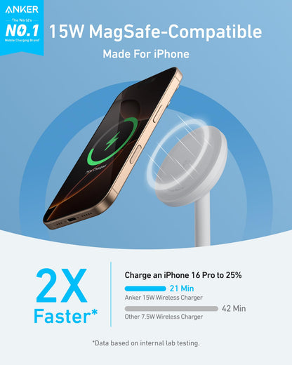 Anker MagGo iPhone 17 MagSafe Charger Compatible Stand, 15W Fast Magnetic Wireless Charging Station, Qi2 Certified 360° Wireless Charger (White, with Cable & Adapter)