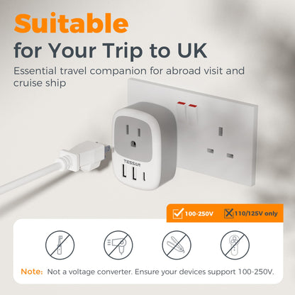 2 Pack European Travel Plug Adapter, TESSAN US to Europe Plug Adapter with 3 USB Ports (1 USB C), Type C Power Outlet for EU International Italy Iceland Spain France Germany
