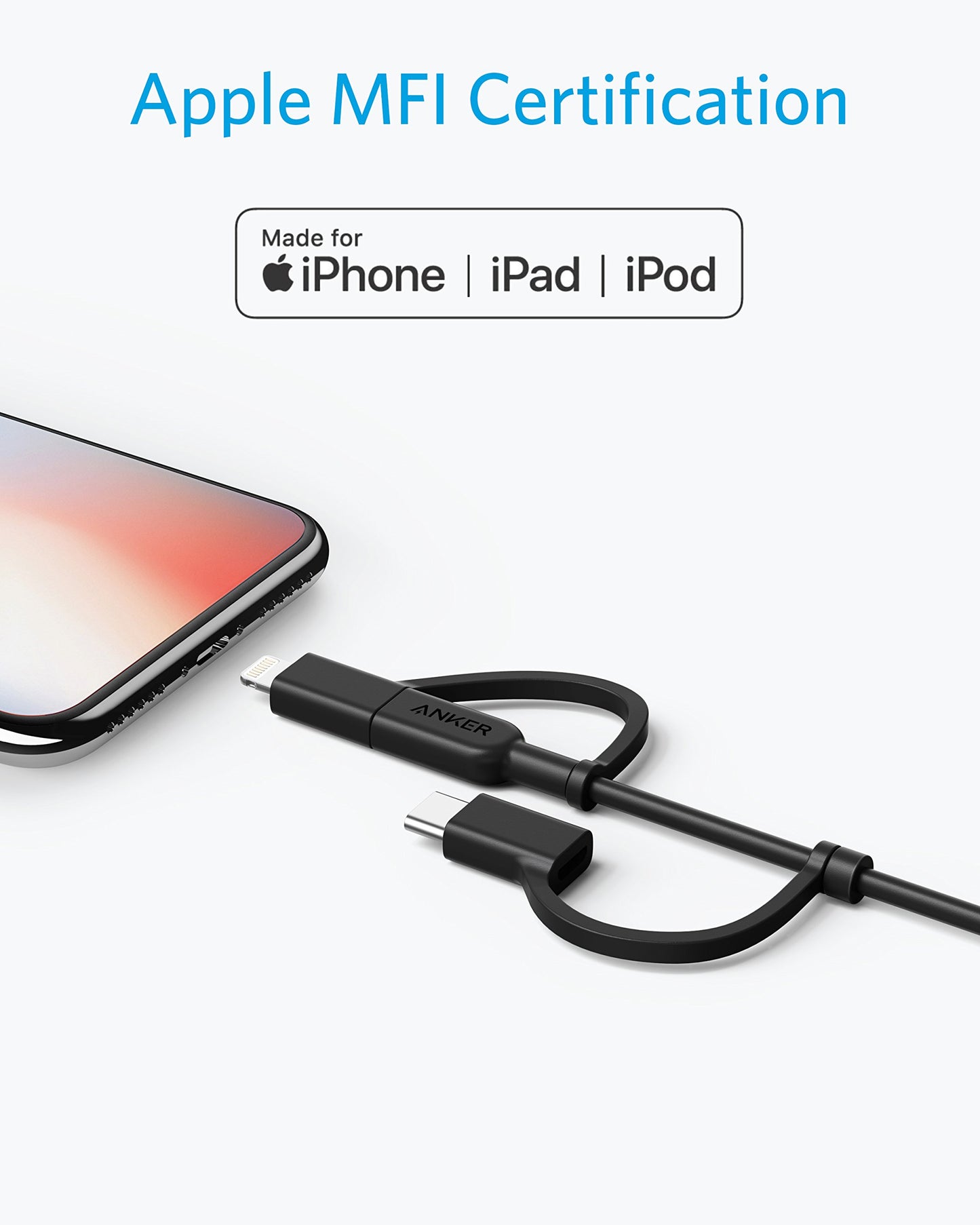 Anker Powerline II 3-in-1 Cable, Lightning/Type C/Micro USB Cable for iPhone, iPad, Huawei, HTC, LG, Samsung Galaxy, Sony Xperia, Android Smartphones, and More(3ft, White)