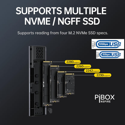 PiBOX India NVMe M2 Enclosure - Dual Protocol USB 3.2 Tool-Free Case, PCI-E Reader, USB-C, M & B+M Keys, 2230/2242/2260/2280 SSDs