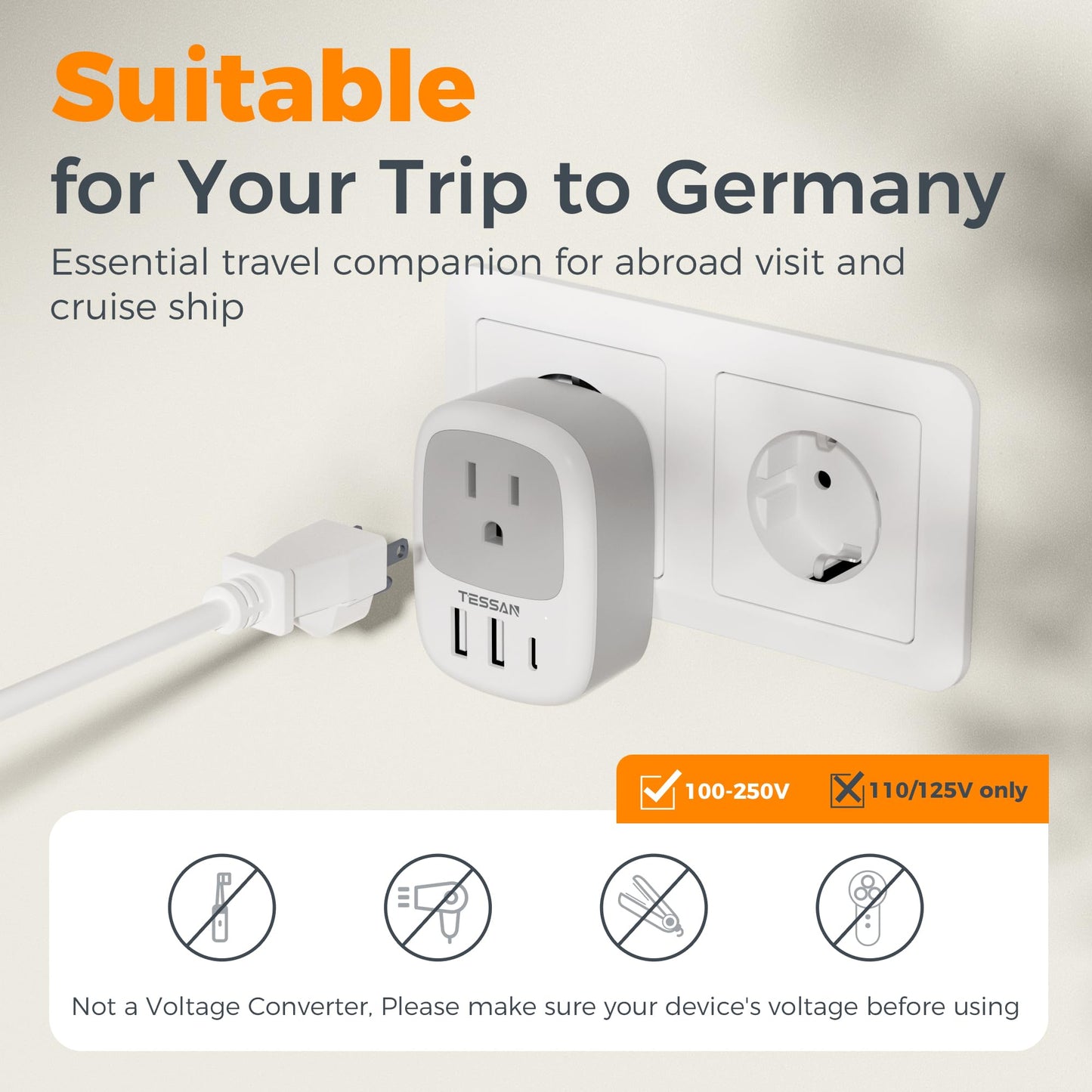 2 Pack European Travel Plug Adapter, TESSAN US to Europe Plug Adapter with 3 USB Ports (1 USB C), Type C Power Outlet for EU International Italy Iceland Spain France Germany