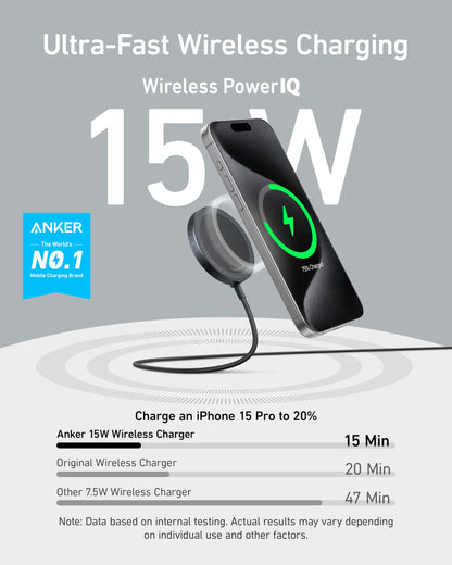 Anker MagSafe Charger Pad Compatible, MagGo iPhone 16 Wireless Charging Pad, Qi2 Certified 15W Wireless Charger for iPhone 16/16 Plus/16 Pro/16 Pro Max/15/14/13/12 Series (White, No Adapter)
