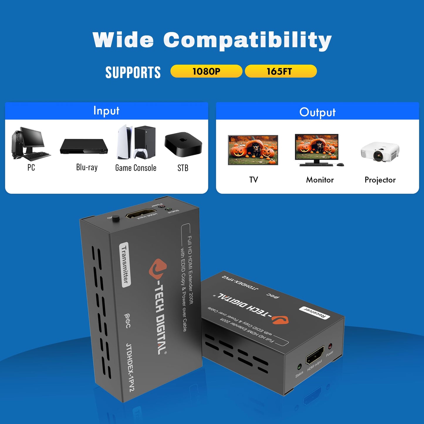J-Tech Digital HDMI Extender over cat5e/6 1080P@200ft HDMI Balun Over Single Ethernet Supports EDID Copy Compatible with Dolby Digital DTS
