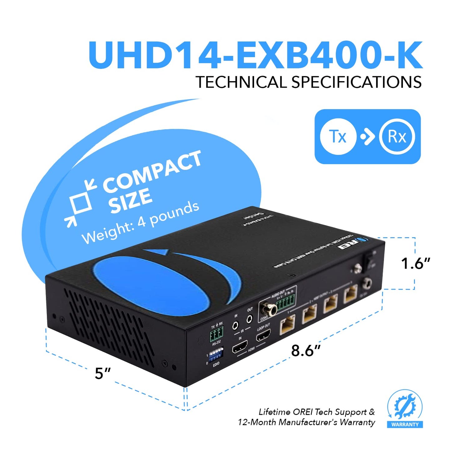 OREI 4K 4x4 HDMI Extender Matrix - UltraHD 4K @ 60Hz 4:4:4 Over Single CAT5e/6/7 Cable with HDR Switcher & IR Control, RS-232 - Up to 230 Ft - 1080P Downscale - 4 x Loop Out - 4 Receivers Included