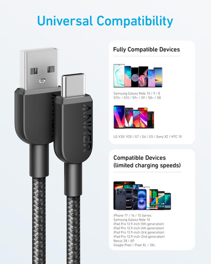 Anker USB A to USB C Cable, Charger Cord (2 Pack, 3FT), for iPhone 17 Series,Samsung Galaxy Note 10/S10+ S10, LG V30 (Black)
