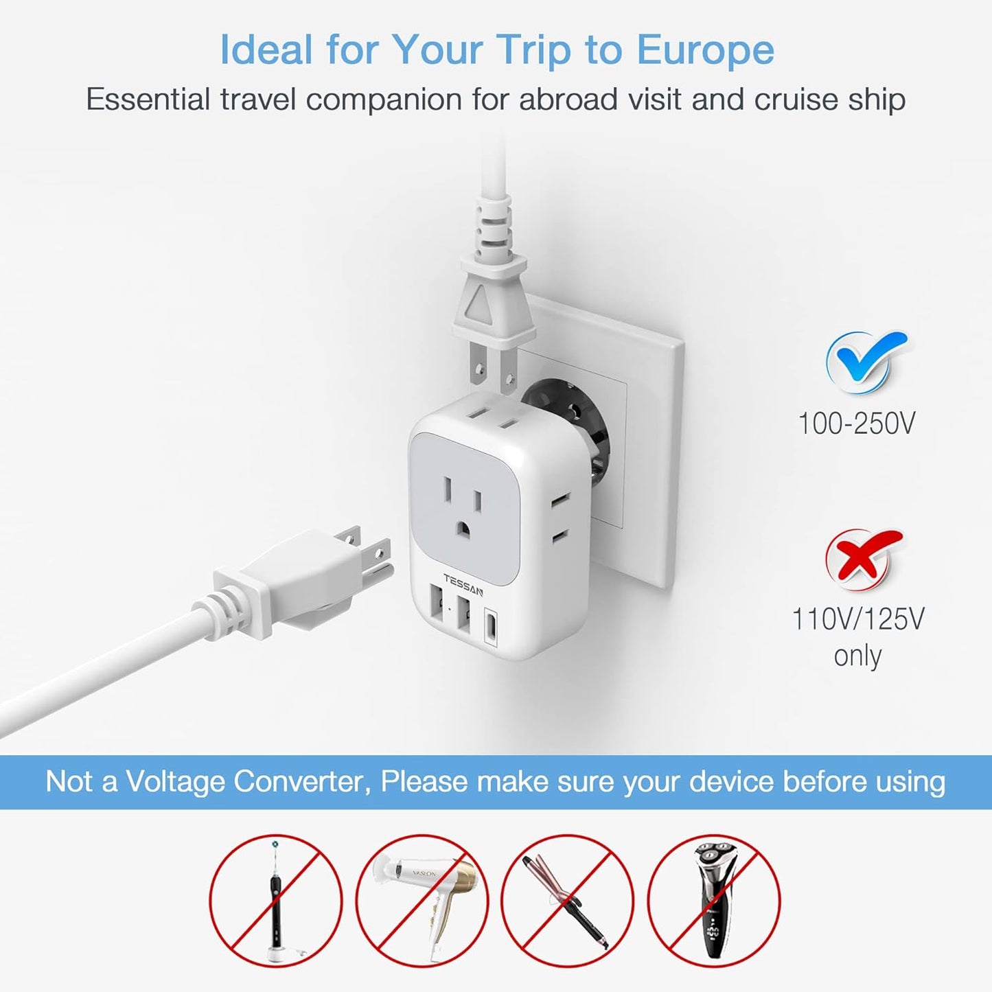 TESSAN European Travel Plug Adapter with 4 AC 3 USB (1 USB C PD 20W), Foldable Plug Type C, for US to Most of EU (Spain, France, Italy, Germany, Portugal, Iceland)