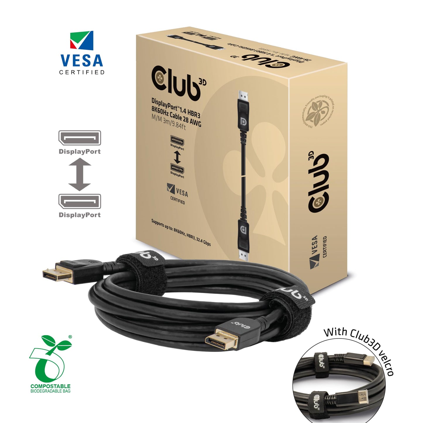 Club3D CAC-2068 VESA Certified DisplayPort to DisplayPort 1.4/Hbr3 M/M Cable DP 1.4 8K 60Hz 2m - 6,56ft